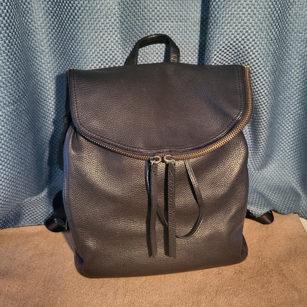 Tumi Black Pebbled Leather Backpack with Gold-Tone Zipper